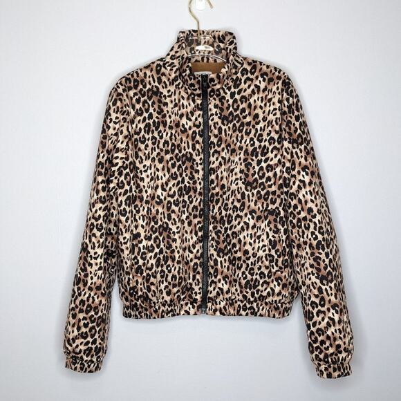 Lucca Tan Leopard Print Long Sleeve Zip Up Mock Neck Jacket Size L - Picture 1 of 10